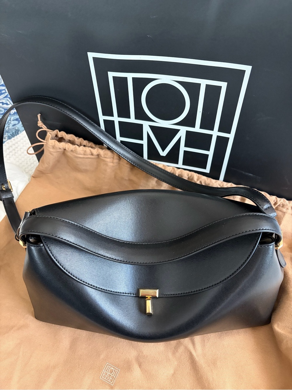 Toteme T-Lock Gold Black smooth Leather Top Handle Shoulder Bag NWT